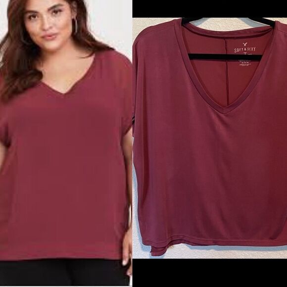 American Eagle Outfitters- Maroon Modal V-Neck Cap Sleeve Short, Size M - Picture 1 of 10